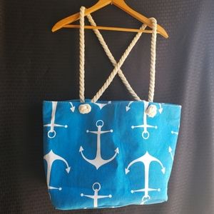 Anchor Canvas Print Beach Tote Bag, Blue & White.